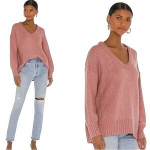 Free People Womens Brookside Sweater Oversized Tunic V-Neck Alpine Rose  Size S